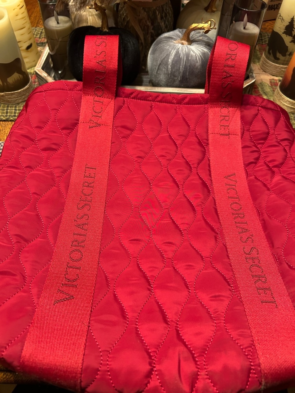 Victoria's Secret Bright Red Quilted Tote with Logo Straps